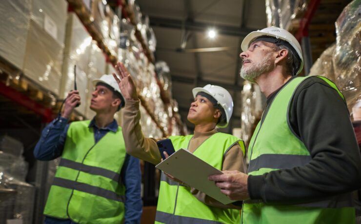 Group of workers in warehouse doing stock review storage management