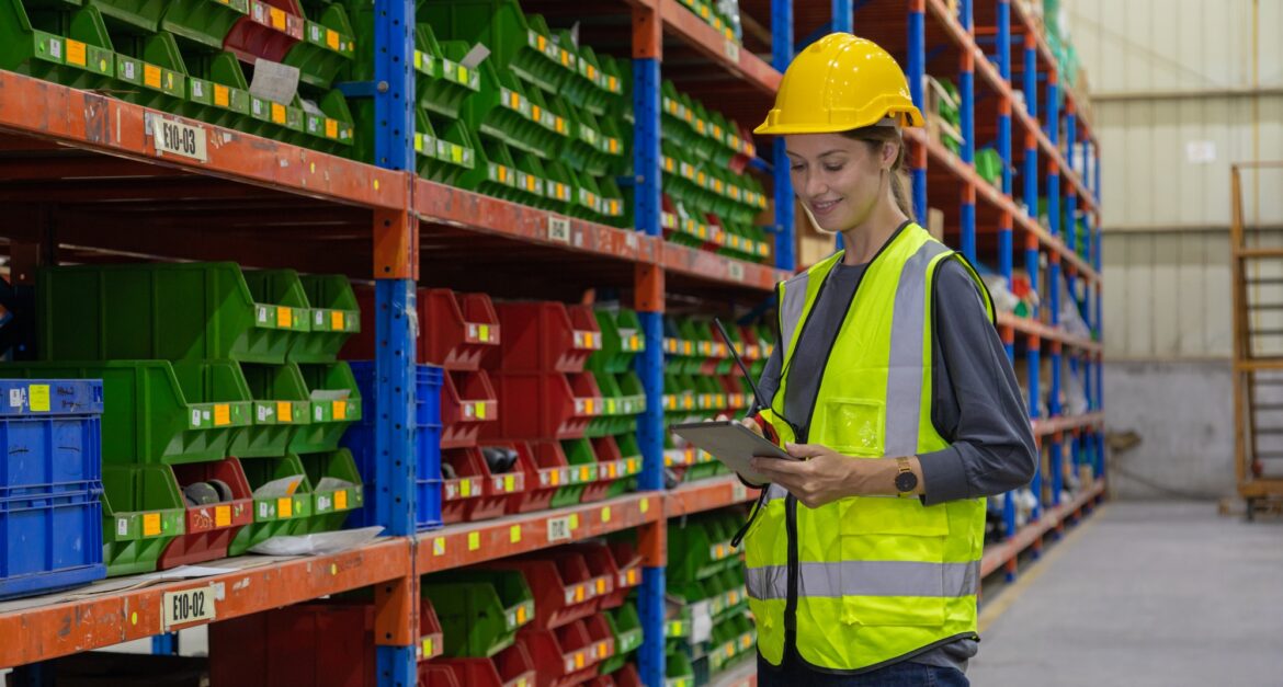 Store clerks inspect products, warehouses, industrial and logistics supply chains.