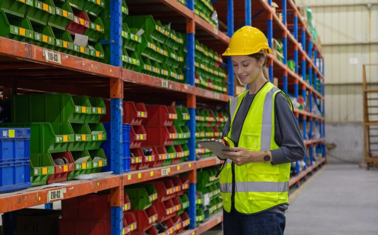 Store clerks inspect products, warehouses, industrial and logistics supply chains.