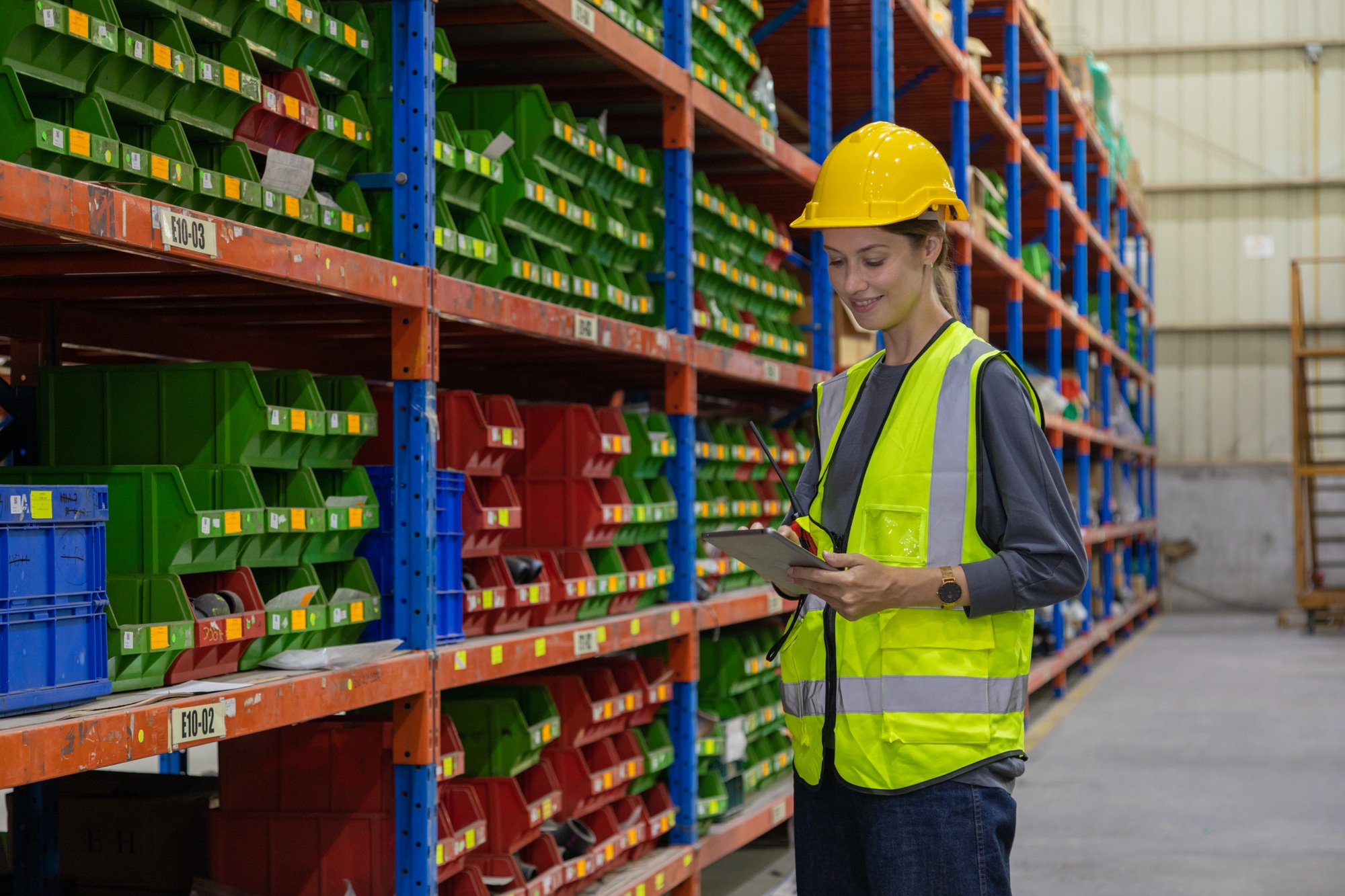 Store clerks inspect products, warehouses, industrial and logistics supply chains.