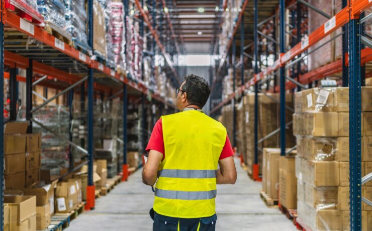 Supervisor walking and checking inventory in logistics warehouse